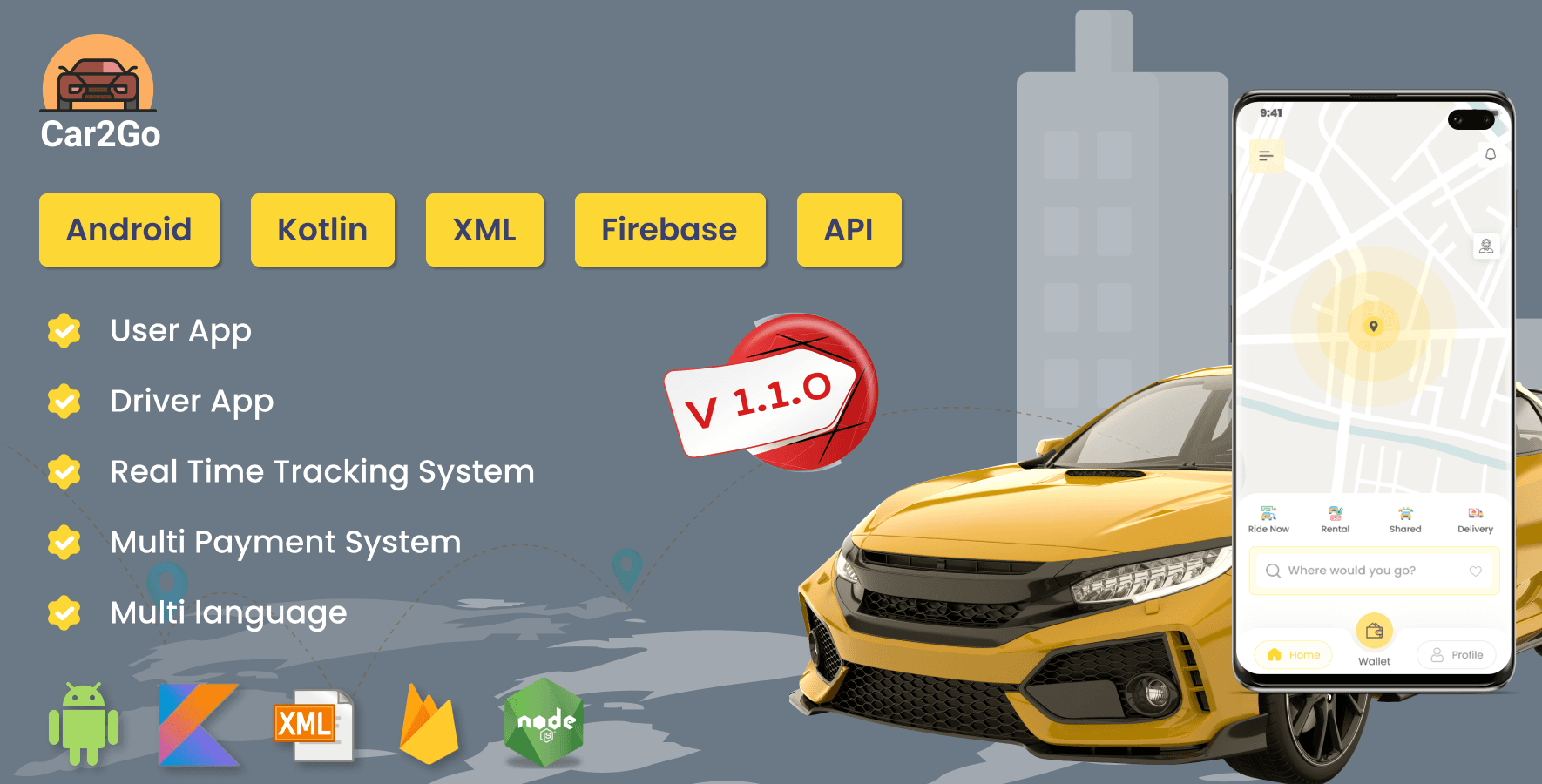 Car2Go - One Stop Ride Share Platform | User Native Android App | Driver Native Android App (Kotlin)